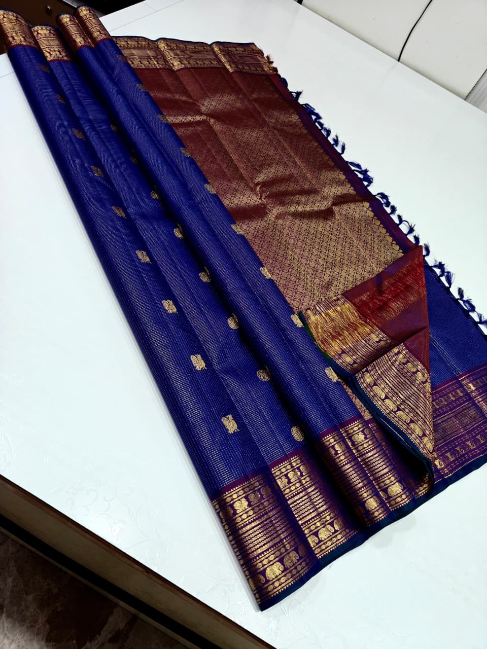 Royal Blue Kanjivaram Silk Saree with Intricate Gold Woven Zari Work